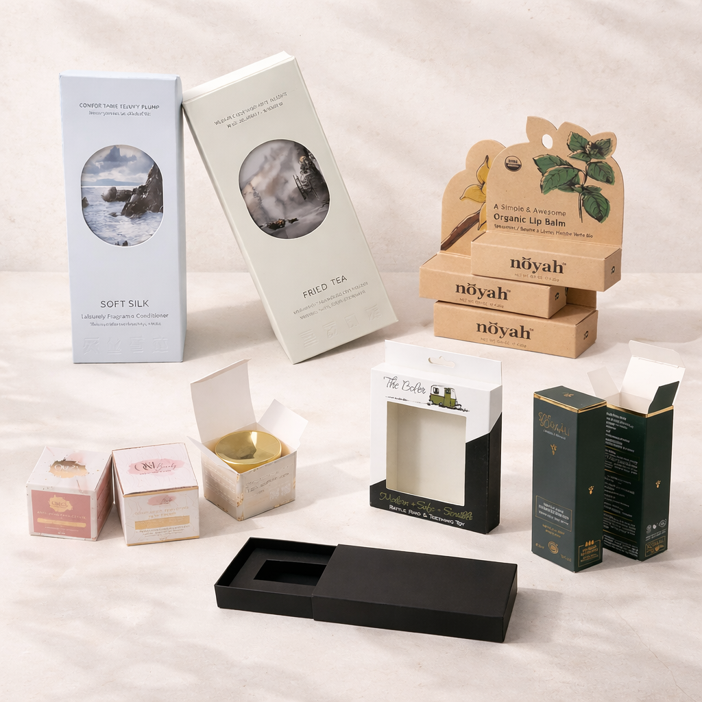Custom skincare boxes with full-color branded printing for serums, creams, and beauty products