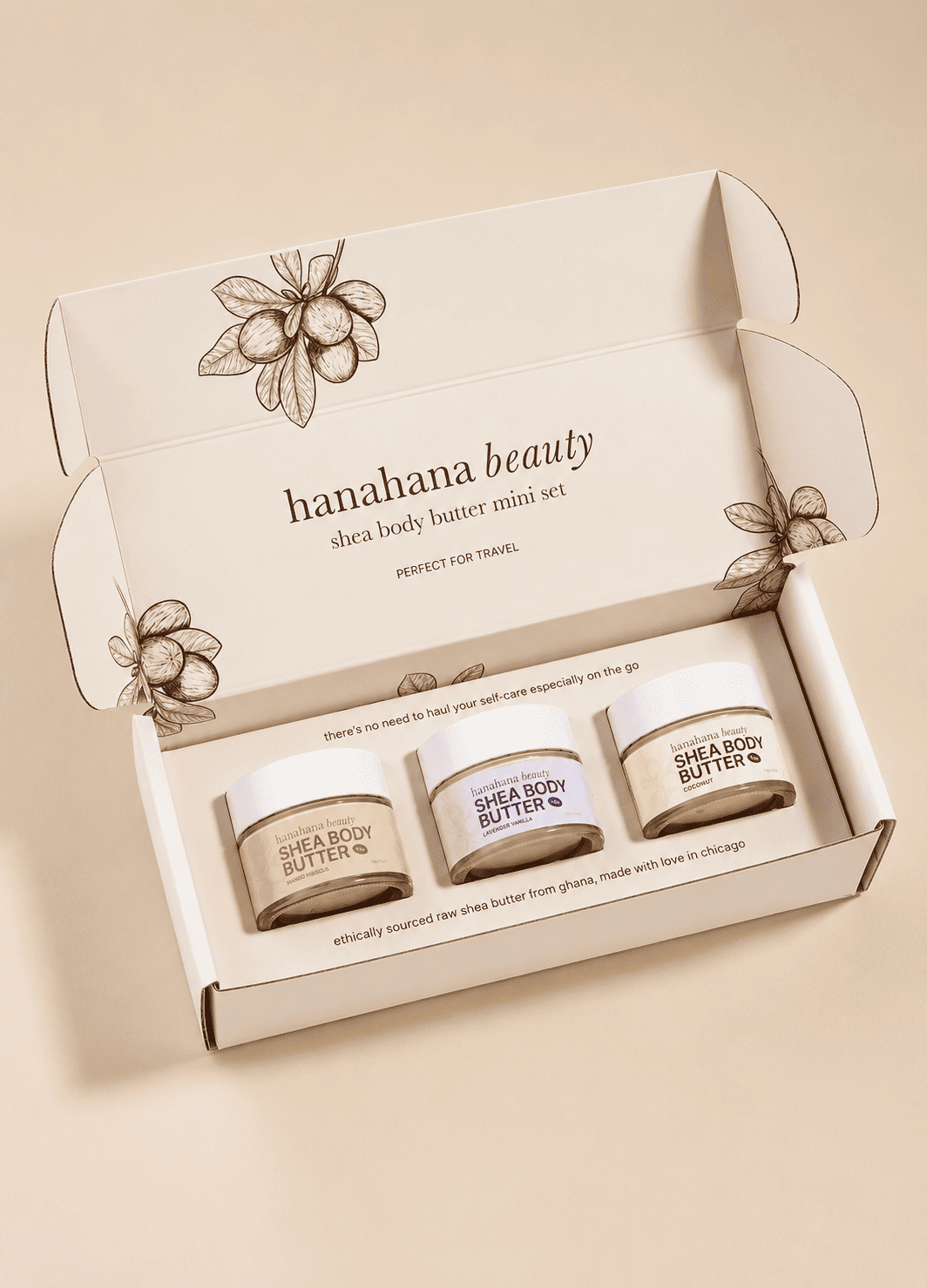 Bespoke skincare gift set boxes with a printed interior for a shea body butter brand