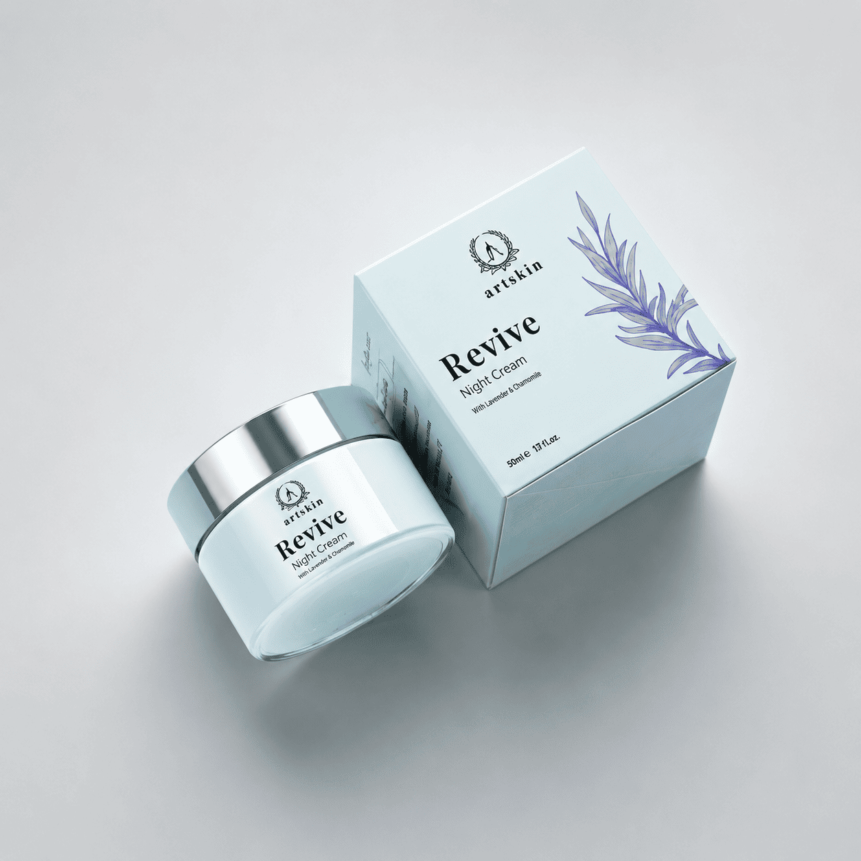 Personalized night cream boxes in white with a lavender illustration and a matching silver-lidded jar
