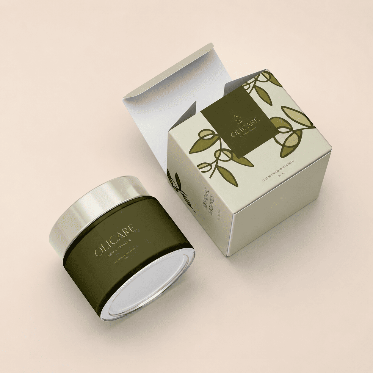 Eco friendly cream boxes with olive-branch printing and a gold foil logo for an organic moisturizer brand