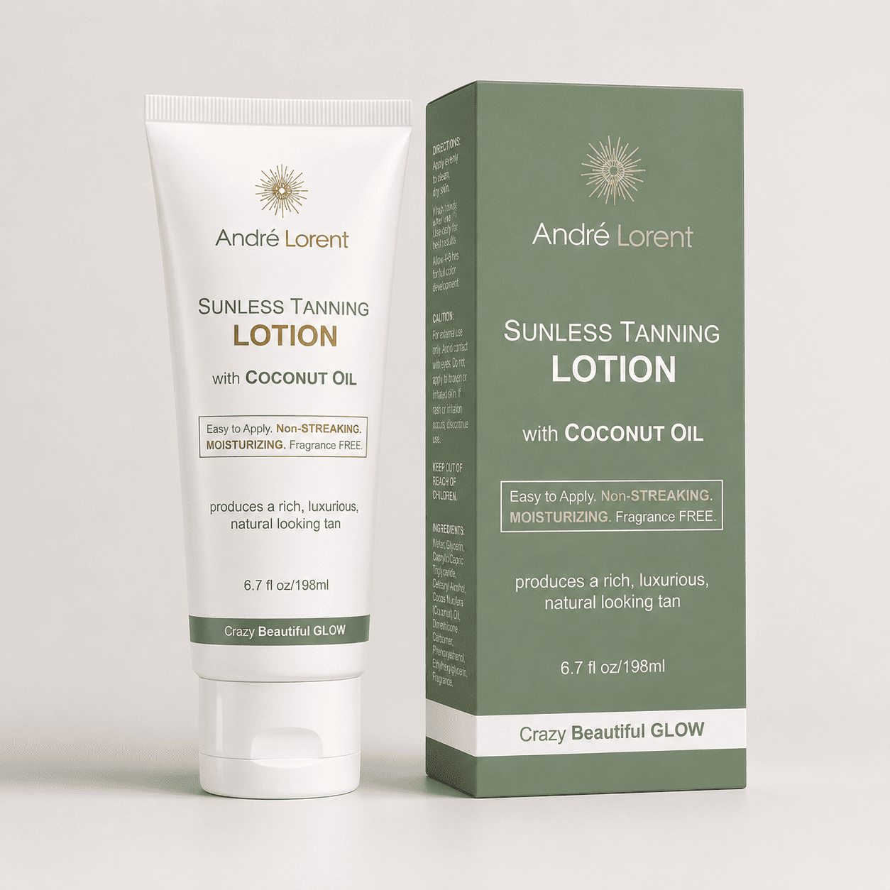 Lotion packaging boxes in sage green with gold lettering, standing beside the matching white lotion tube