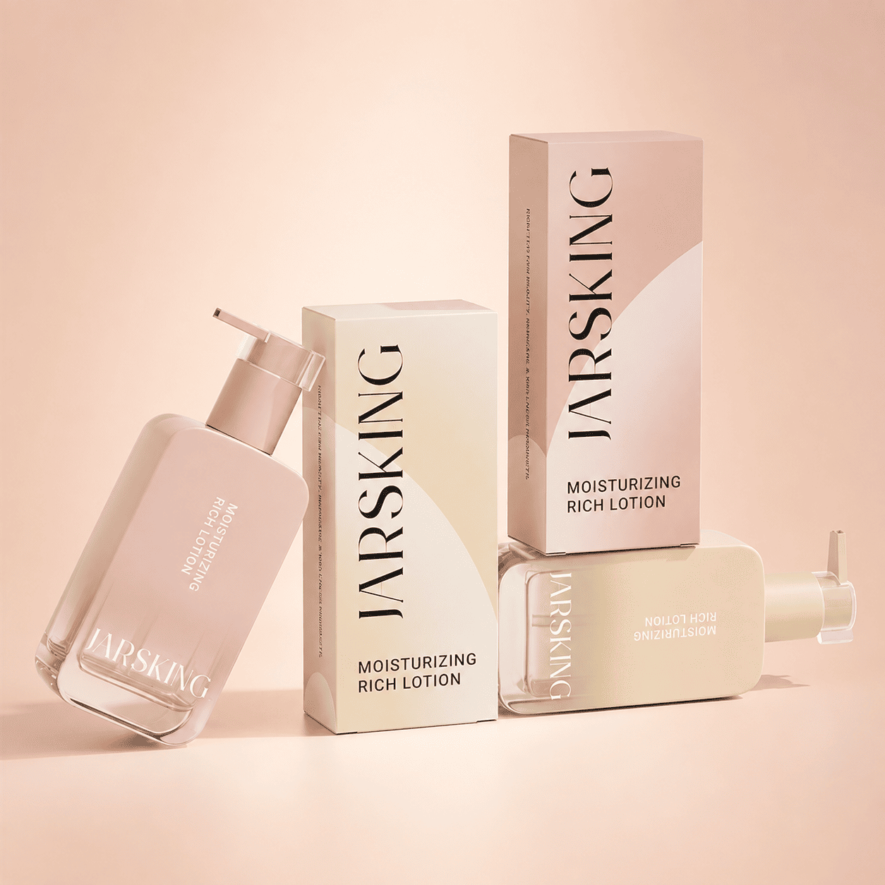 Personalized lotion boxes in blush and cream colorways, each beside the pump bottle it was sized around
