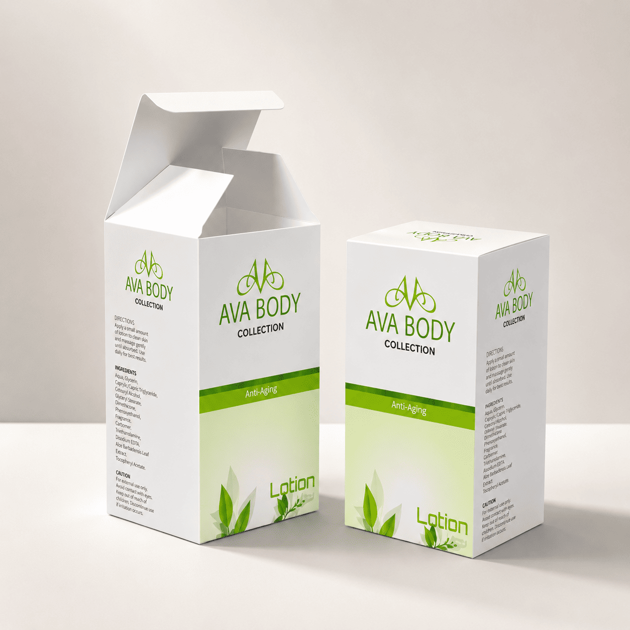 Wholesale body lotion boxes as a matched pair, one open and one closed, with ingredient panels on the side