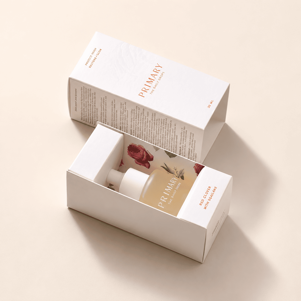 Printed serum boxes with a fitted insert cradling a dropper bottle for daily-drop skincare brands